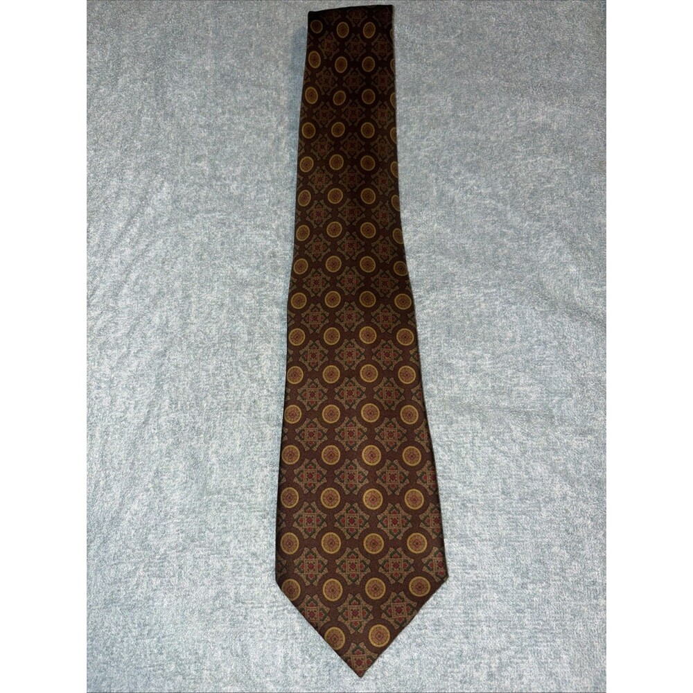 Michelson’s for Harrods 100% Silk Twill Brown Medallion Print Necktie Tie Vtg
